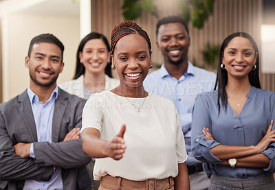 Buy stock photo Shot of a team of businesspeople together with a businesswoman giving the thumbs up