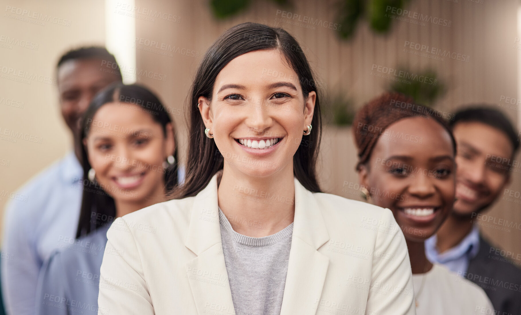 Buy stock photo Portrait, leader and happy businesswoman with team, confidence and compliance agent with pride. Smile, solidarity and group with manager in company, collaboration and policy consultants in row