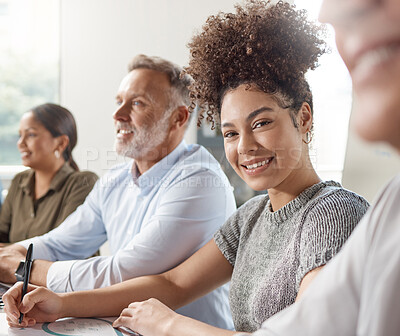 Buy stock photo Shot of a group of businesspeople in a meeting at work