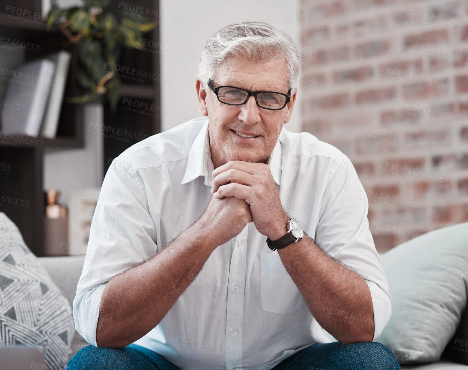 Buy stock photo Mature, businessman and portrait on couch with smile for working from home and ceo for startup company. Male person, happy and glasses on sofa for research, reading and pride for stock investment 