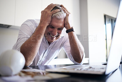 Buy stock photo Stress, headache and business man on laptop with anxiety, debt review or work from home accident or depression. Mental health problem, mistake and burnout, fatigue or tired CEO person on computer