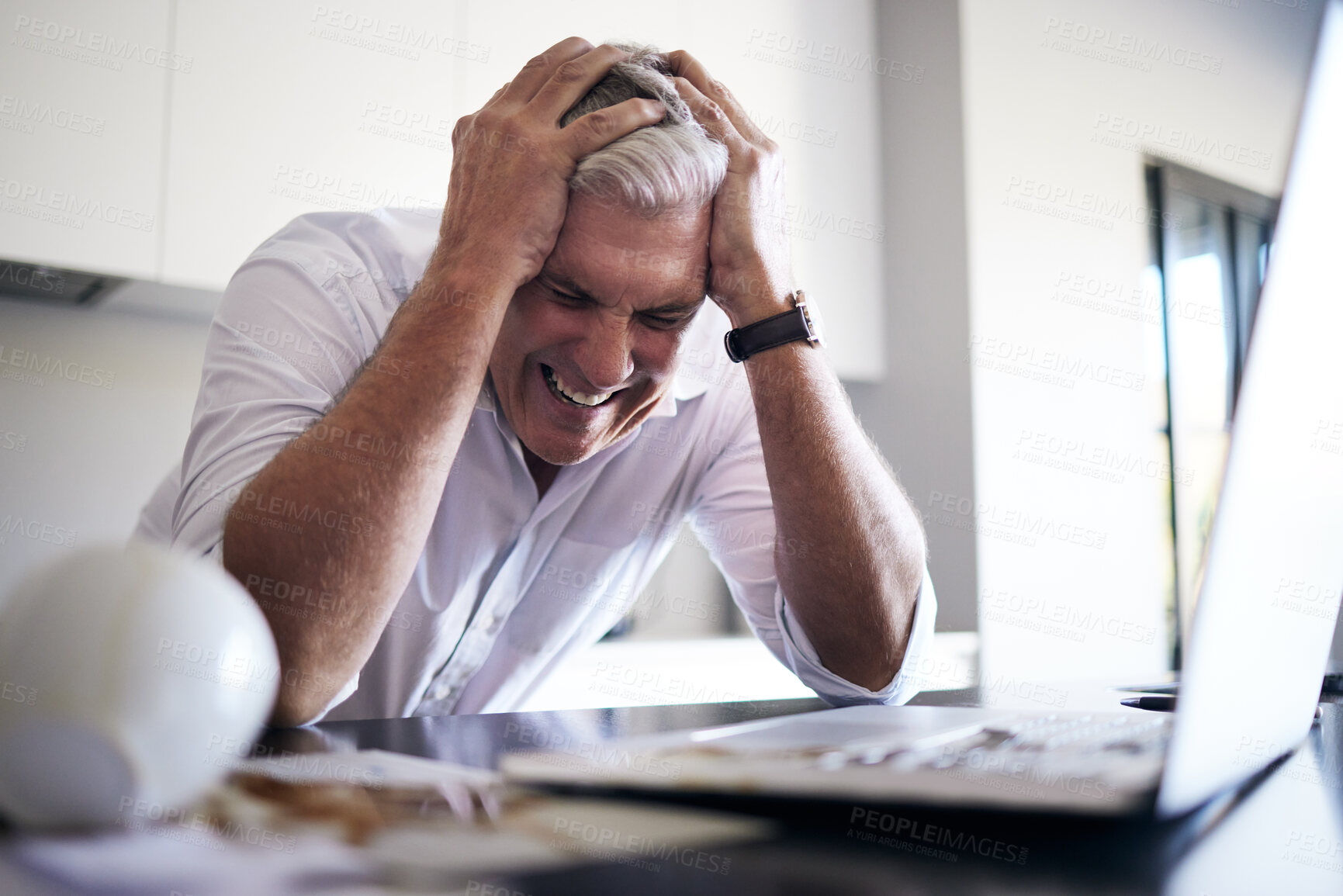 Buy stock photo Stress, headache and business man on laptop with anxiety, debt review or work from home accident or depression. Mental health problem, mistake and burnout, fatigue or tired CEO person on computer