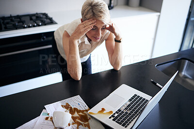 Buy stock photo Stress, headache and business woman on laptop and coffee spill for anxiety, debt or work from home accident. Mental health problem, mistake and burnout, fatigue or tired person on computer in kitchen