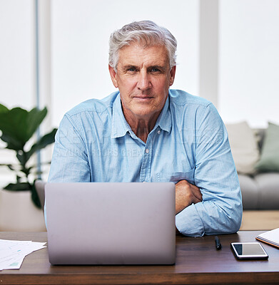 Buy stock photo Remote work, laptop and mature man at desk in home office for planning, online investment or networking in living room. Confidence, consultant and person with arms crossed for report, email or ceo  