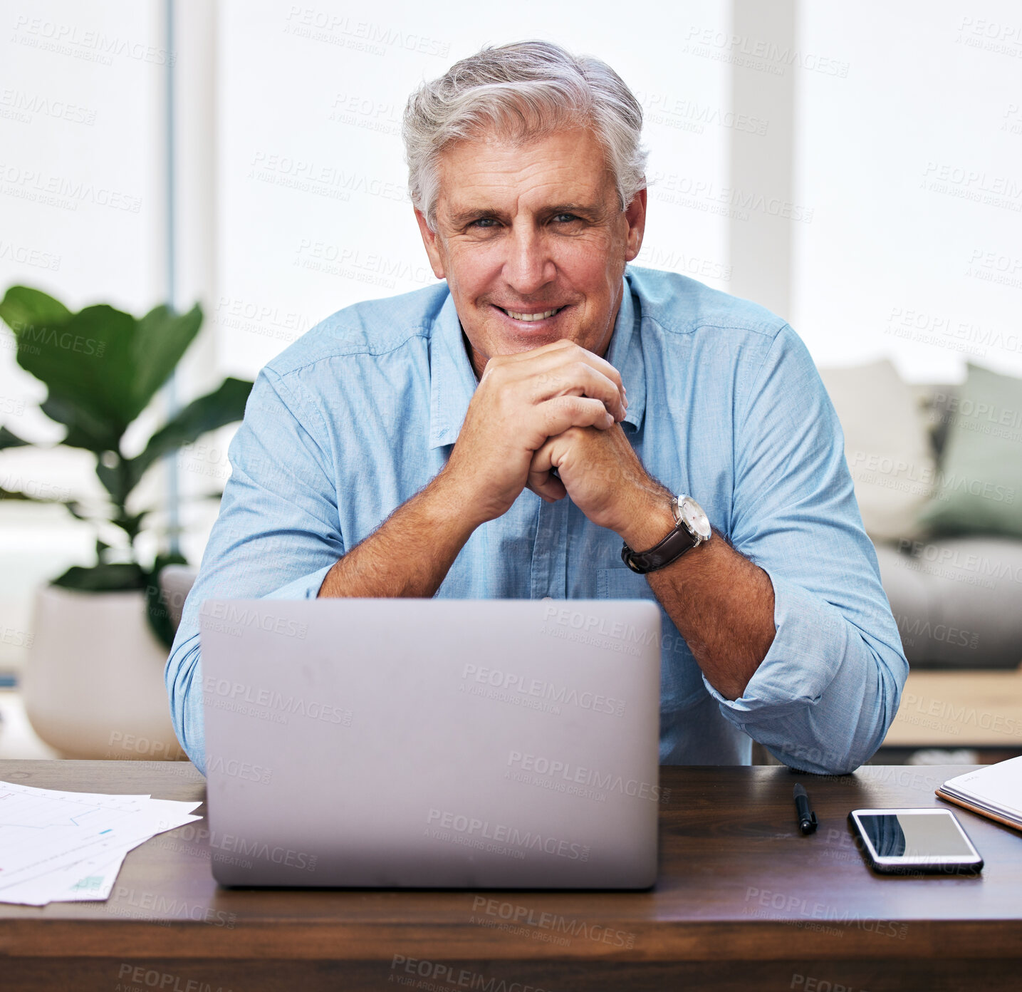 Buy stock photo Laptop, home office and portrait of mature man at desk for remote work, online investment or networking in living room. Confidence, consultant and senior person with smile for report, email or ceo