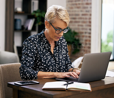 Buy stock photo Typing, laptop and mature woman in office with corporate company communication email online. Technology, notes and female hr manager working on computer for business dispute on internet in workplace.