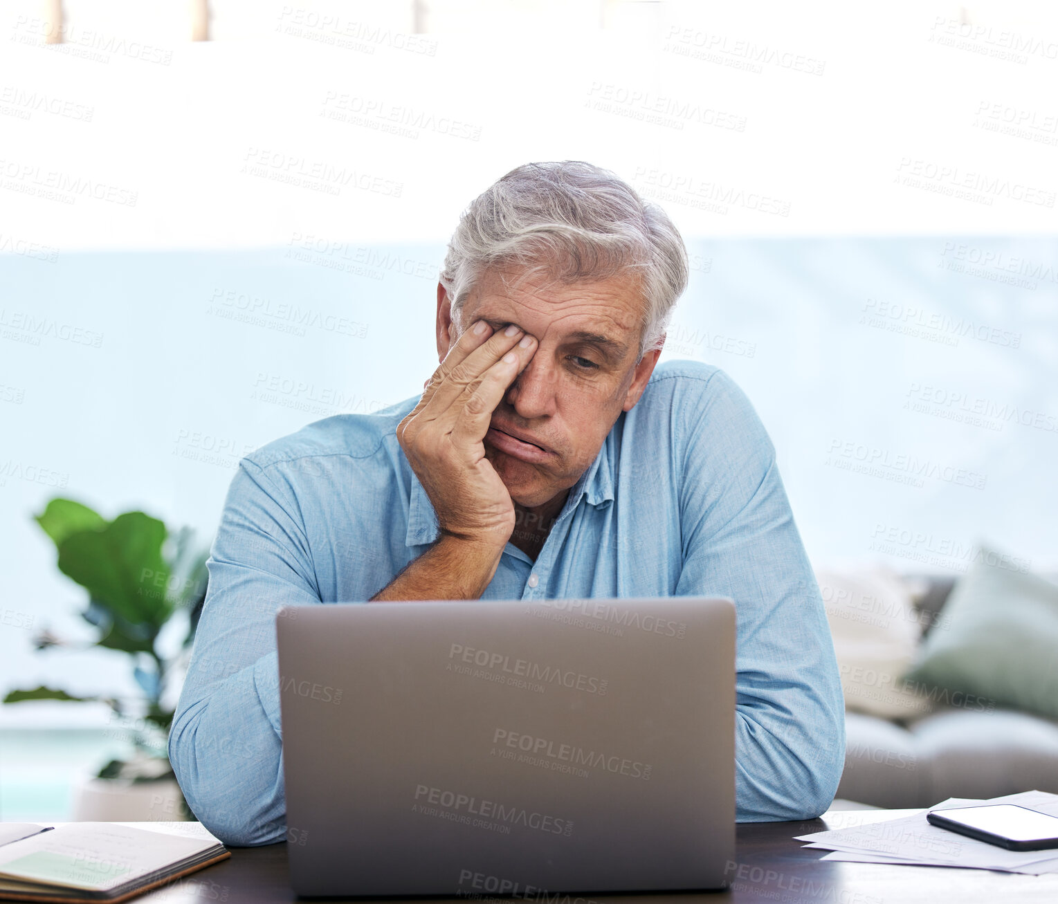 Buy stock photo Mature, businessman and burnout with laptop in home office for stress, overworked and tired in workplace. Male freelancer, technology and unhappy for job, mental health and project deadline at desk