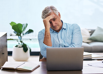 Buy stock photo Mature, businessman and laptop with stress in home office for online meeting, burnout and tired in career. Male freelancer, technology and unhappy for job, mental health and project research at desk