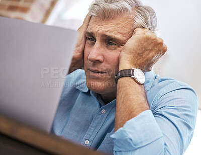 Buy stock photo Laptop, mature and businessman with burnout in office for stress, overworked and tired in workplace. Male freelancer, technology and unhappy for career, mental health and anxiety for project at desk