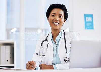Buy stock photo Medical, notebook and doctor with portrait of black woman for planning, schedule and research. Medicine, healthcare and report with employee writing in clinic for consulting, results and study