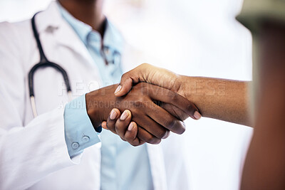 Buy stock photo Handshake, welcome and a doctor meeting a patient in the hospital for healthcare, insurance or medical treatment. Medicine, trust or thank you with a health professional shaking hands in a clinic