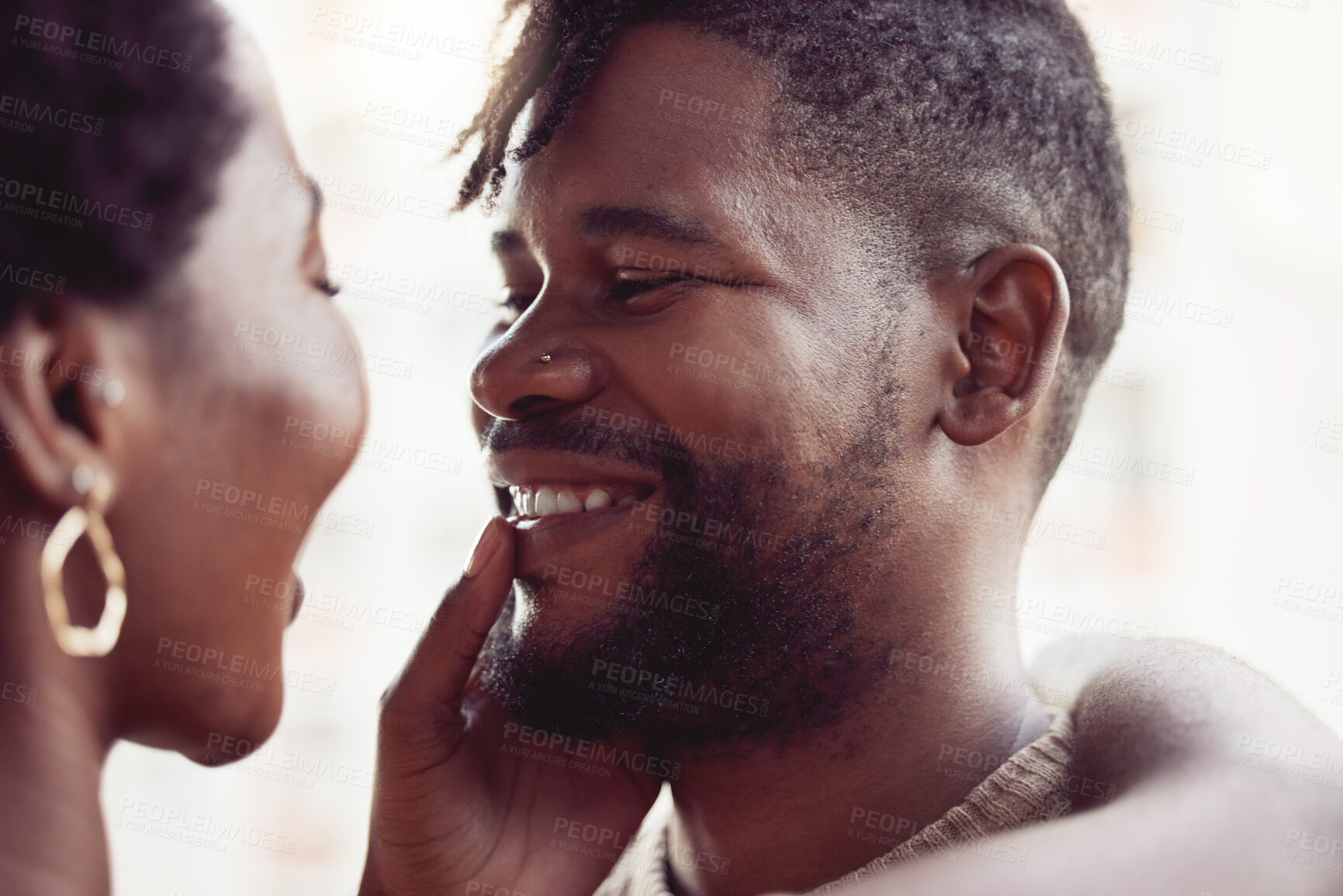 Buy stock photo Love, romance or happy black couple hug on outdoor holiday vacation together with peace or support. Relax, honeymoon or romantic man with African woman with care, commitment and smile in marriage