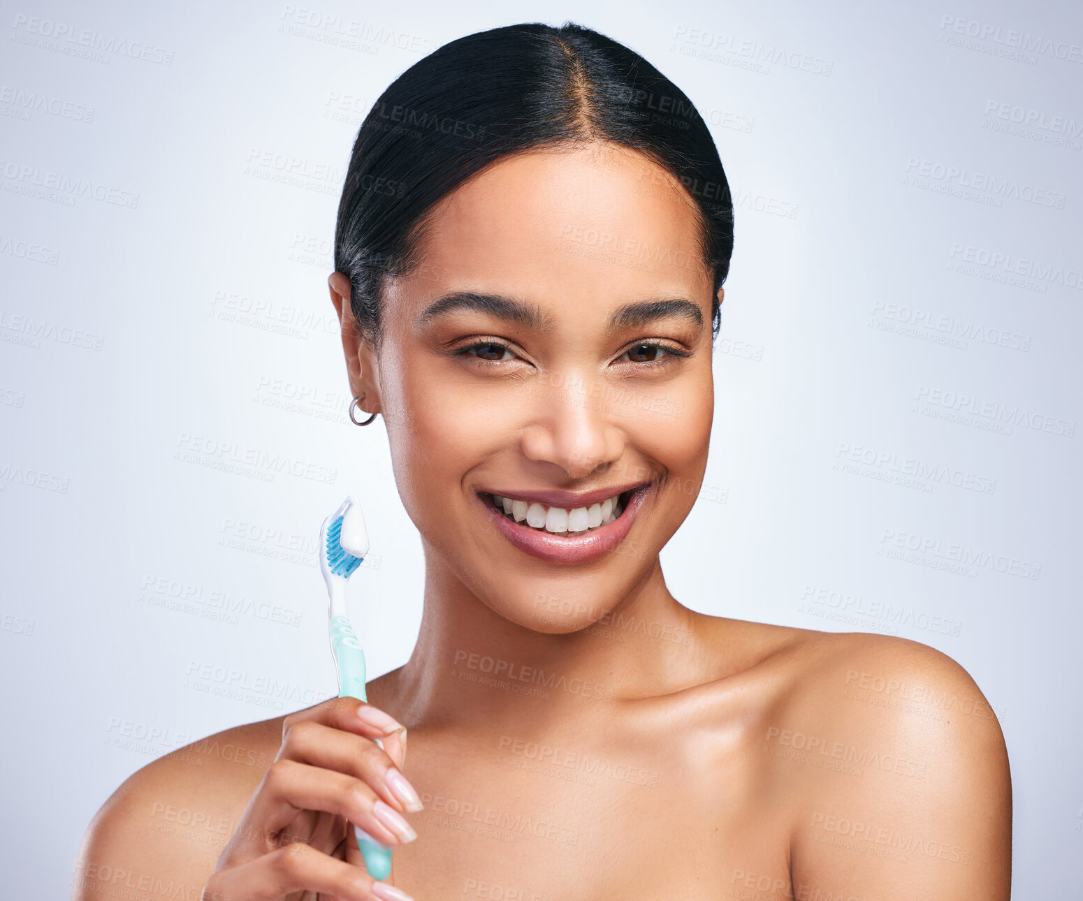 Buy stock photo Woman, toothbrush and studio portrait with smile for self care, dental wellness or health by white background. Girl, dentistry model and toothpaste for brushing teeth, product and happy for cleaning