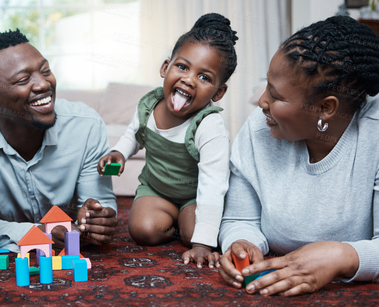 Buy stock photo Black family, portrait or girl with parents or building blocks for playing, creative fun or bonding in home. Love, mom or happy kid on floor with dad, games or toys for child development or learning