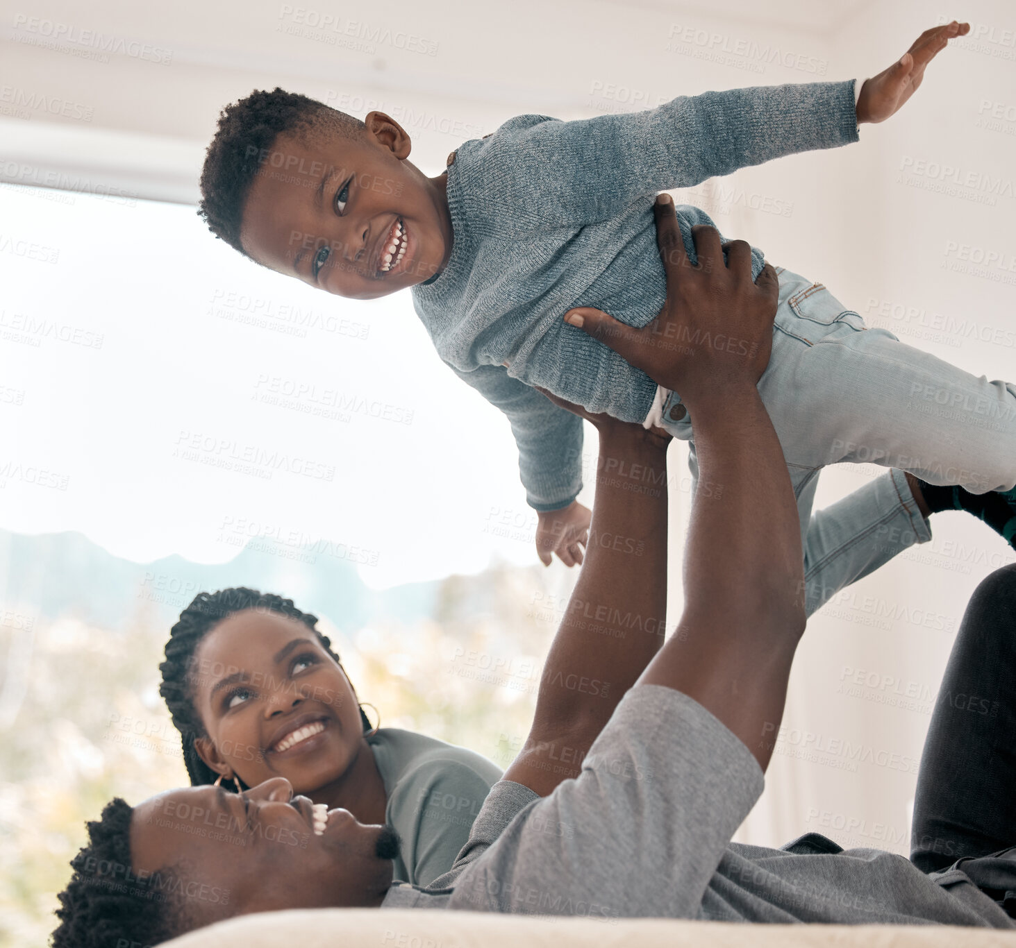 Buy stock photo Happy, boy and father playing airplane on bed for bonding, support and fun memory in morning at home. Excited, family and smile for lifting child or flying game for affection, love and growth