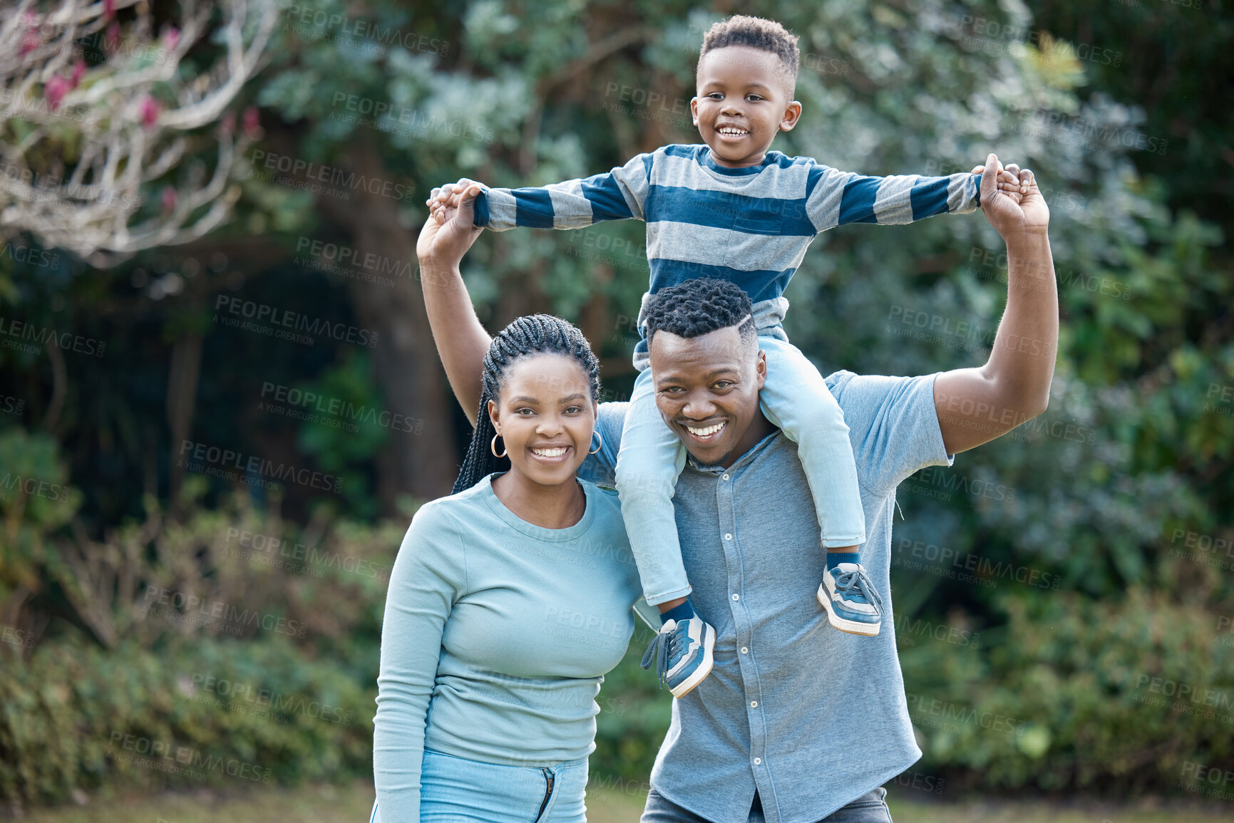 Buy stock photo Love, black family or portrait of kid in nature for support in garden for care, safety or bonding together. Happy, parents and proud dad with mother or child for security, smile or growth in park