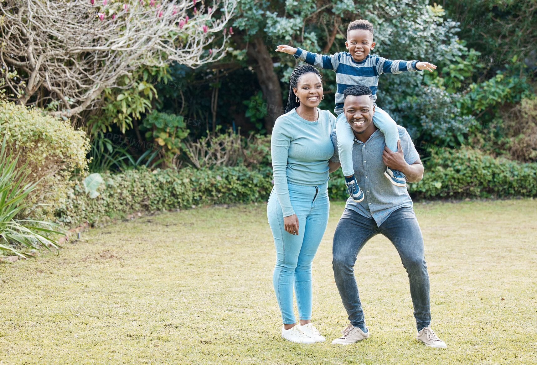 Buy stock photo Smile, black family or portrait of kid in nature for support in garden for care, safety or bonding together. Happy, parents and proud dad with mother or child for security, love or growth in park