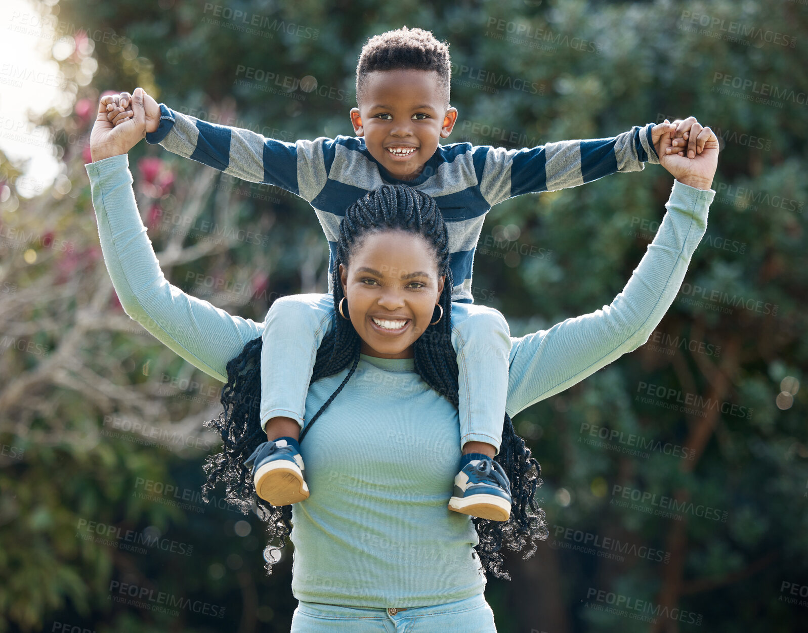 Buy stock photo Shoulder, mother or portrait of child in park for support in nature for care, safety or holding hands together. Smile, love or single parent mom with kid for security, play or growth in black family