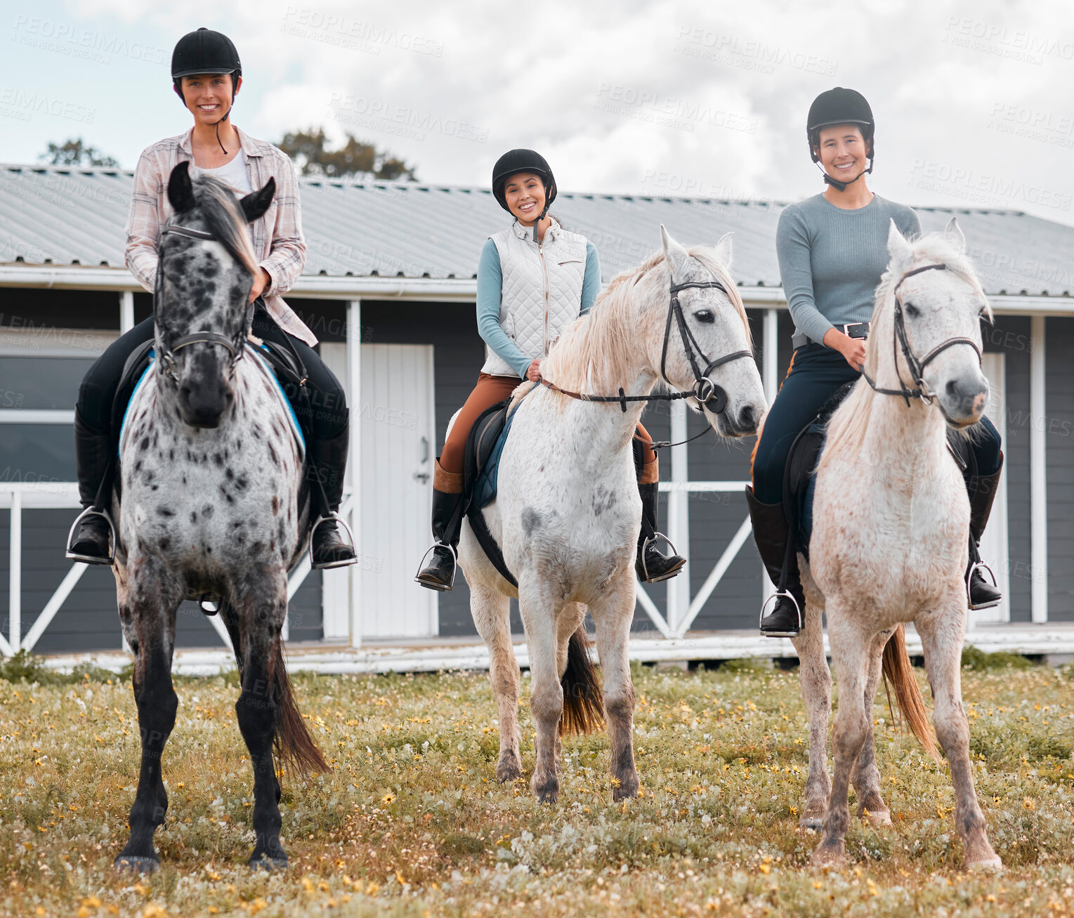 Buy stock photo Full length portrait of three attractive young women horse riding on a farm