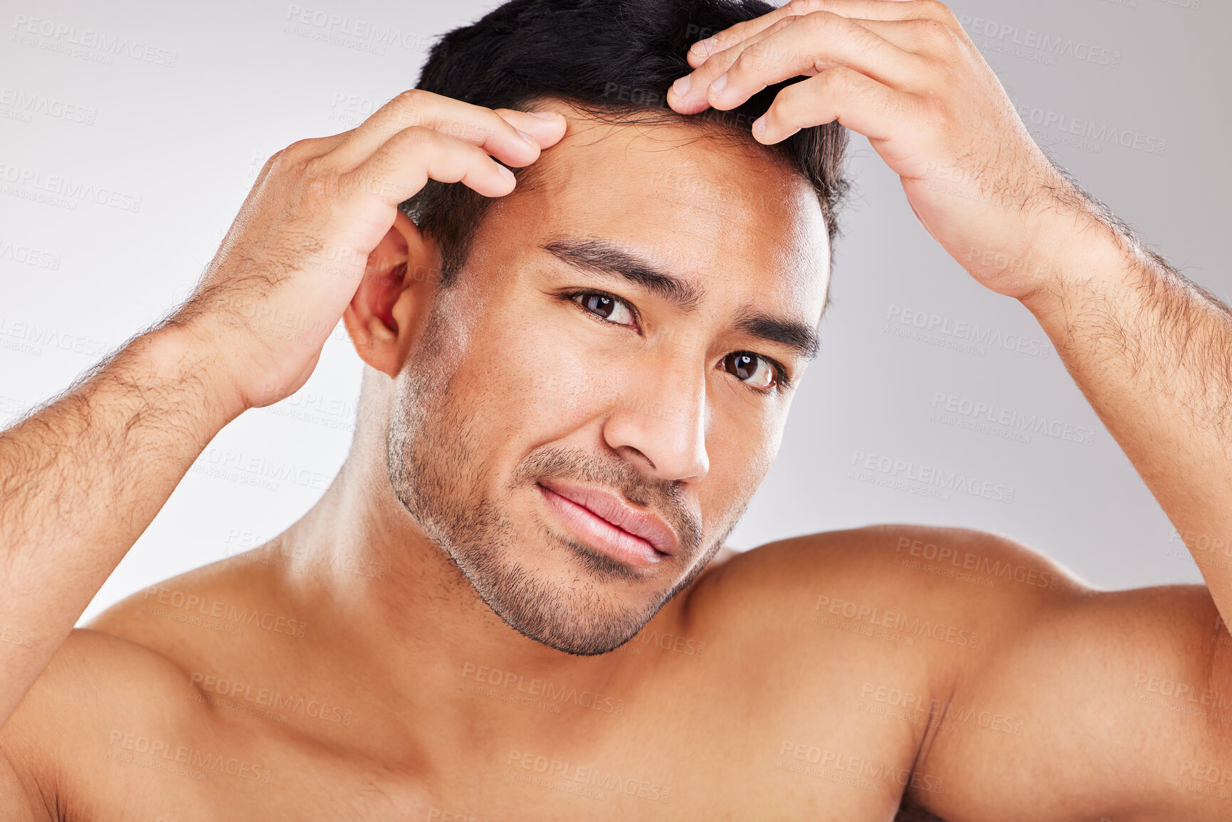 Buy stock photo Acne, pimple and portrait of natural man in studio on white background for inspection or skincare. Beauty, blemish and face of male model in bathroom for cleaning, examination or aesthetic wellness