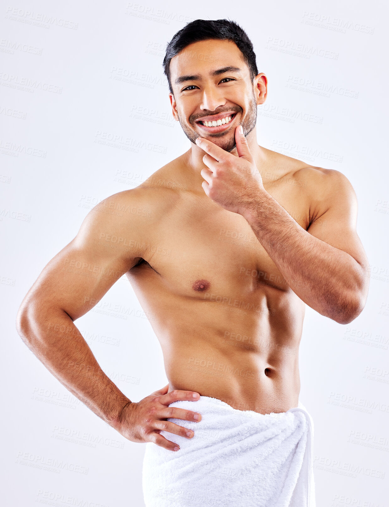 Buy stock photo Shot of a man posing in his underwear against a white studio background