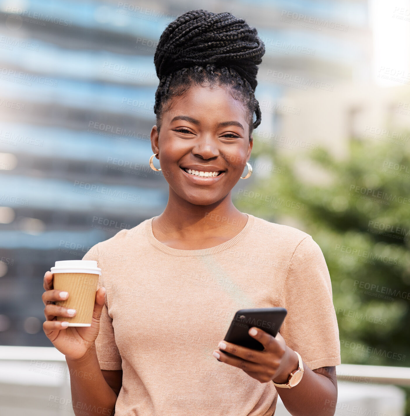 Buy stock photo Shot of a young businesswoman standing on the balcony outside and using her cellphone while holding a cup of coffee