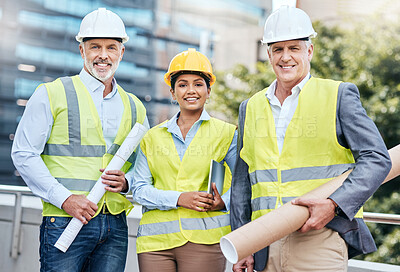 Buy stock photo Portrait of a group of businesspeople working at a construction site