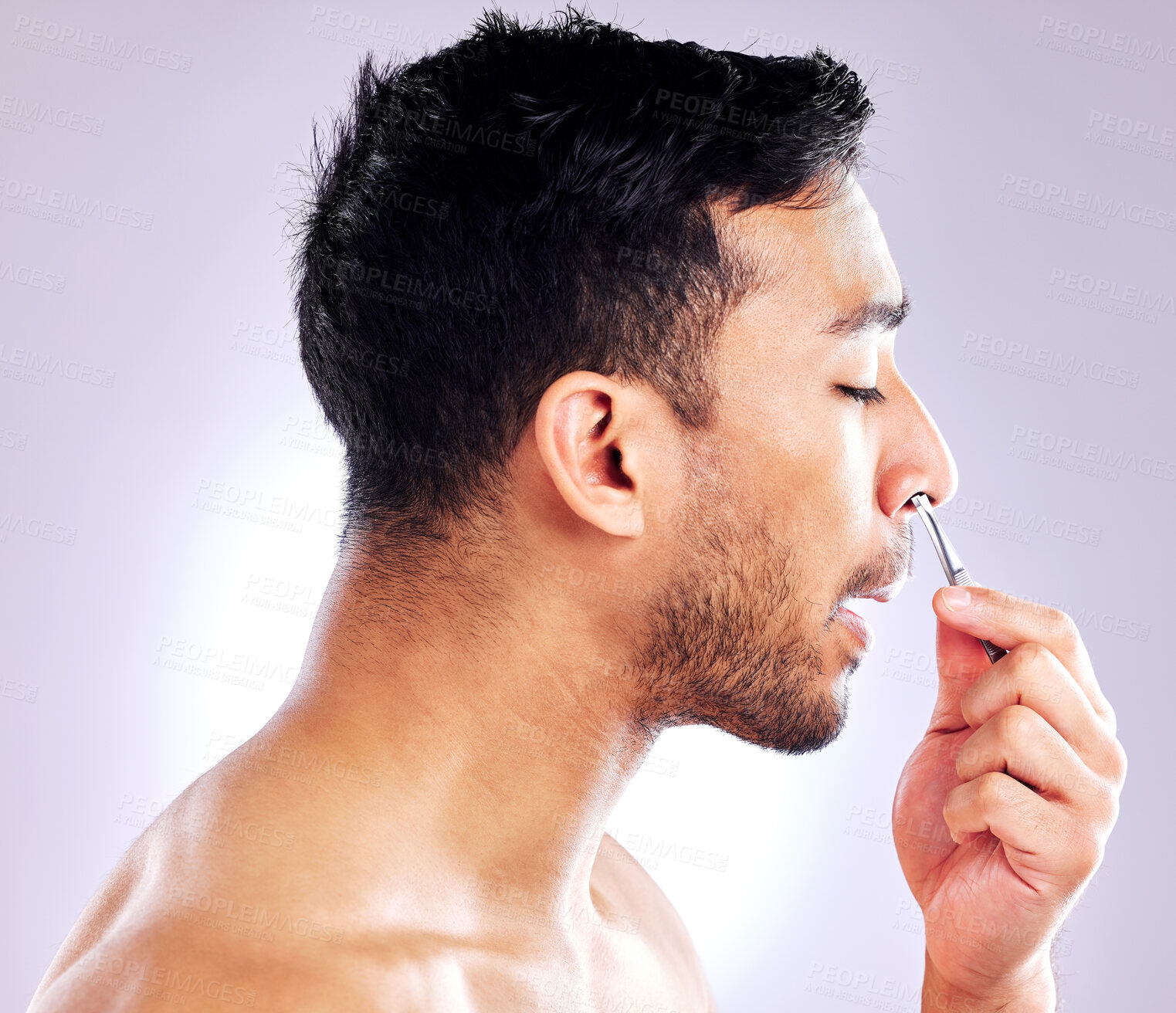 Buy stock photo Man, tweezer and nose for plucking of hair, studio and routine in morning, aesthetic and hand. Grooming, self care and steel tools for hygiene, model and person in white background and profile