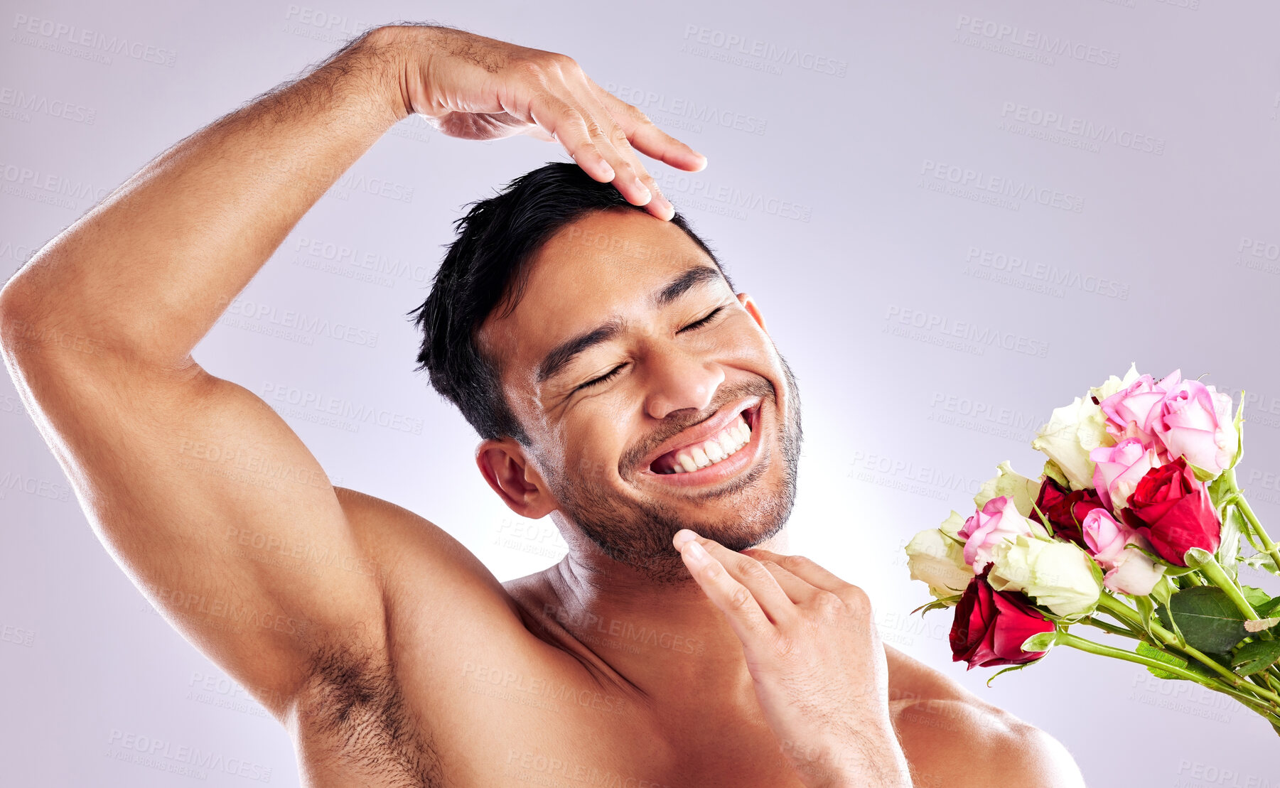 Buy stock photo Smile, man and hygiene with flower in studio, beauty and skincare for fresh, clean and healthy body, plants and cosmetic in salon. Confident, person and spring, nature or glow for white background