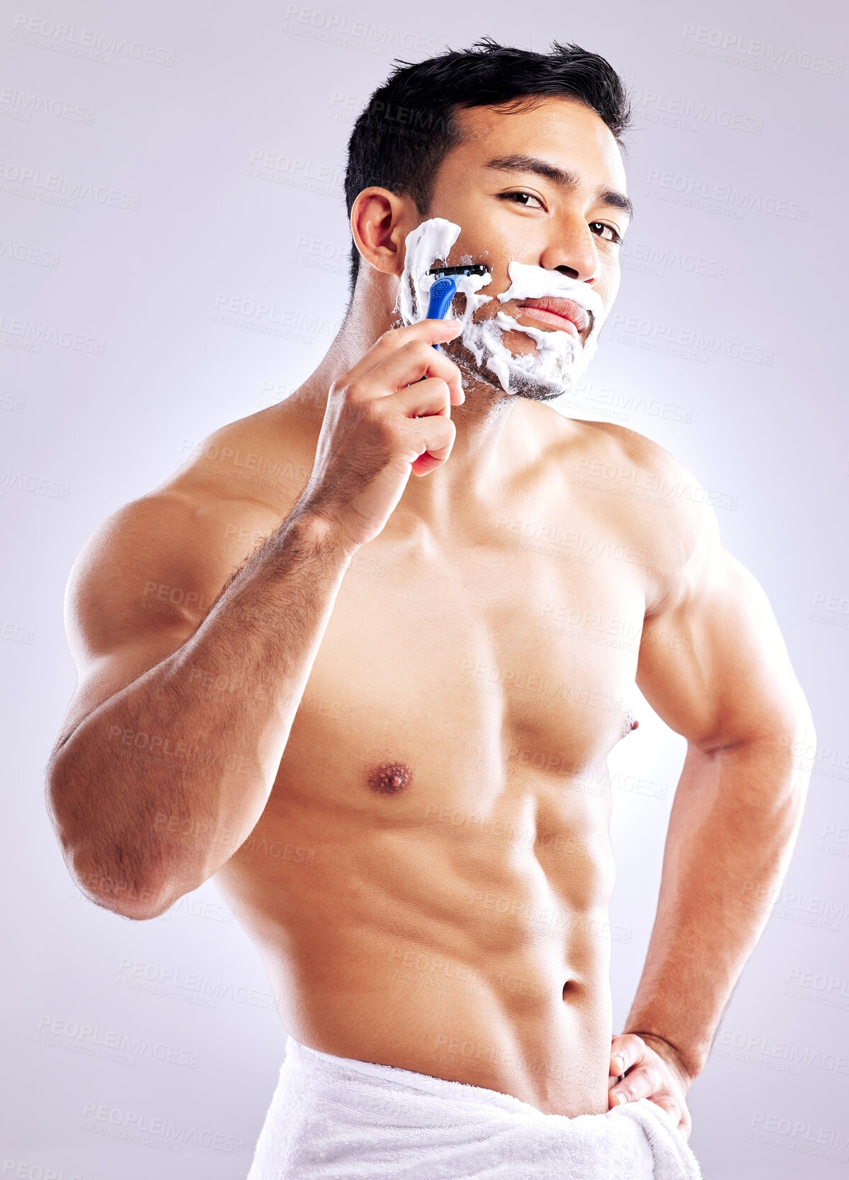 Buy stock photo Body, razor and portrait of man shaving face for skincare, health and hair removal for hygiene isolated on white studio background. Cream, beard and trim for cleaning, beauty and muscle for grooming