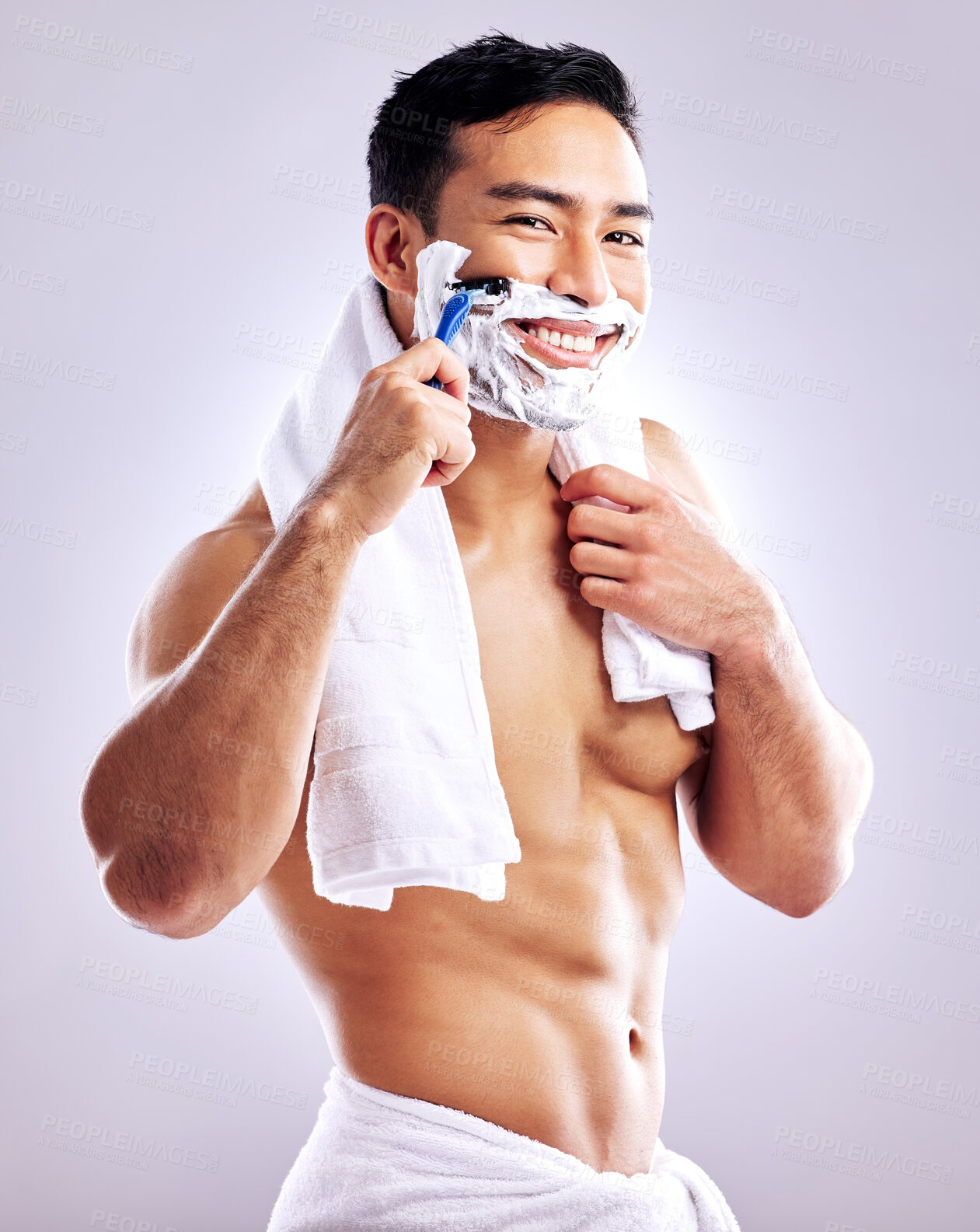 Buy stock photo Portrait, happy man and shaving face with razor in studio for cleaning, health or hair removal for hygiene isolated on white background. Cream, foam or cut beard for skincare, grooming or body muscle