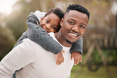 Buy stock photo Portrait of a father and his son having fun while bonding together outdoors