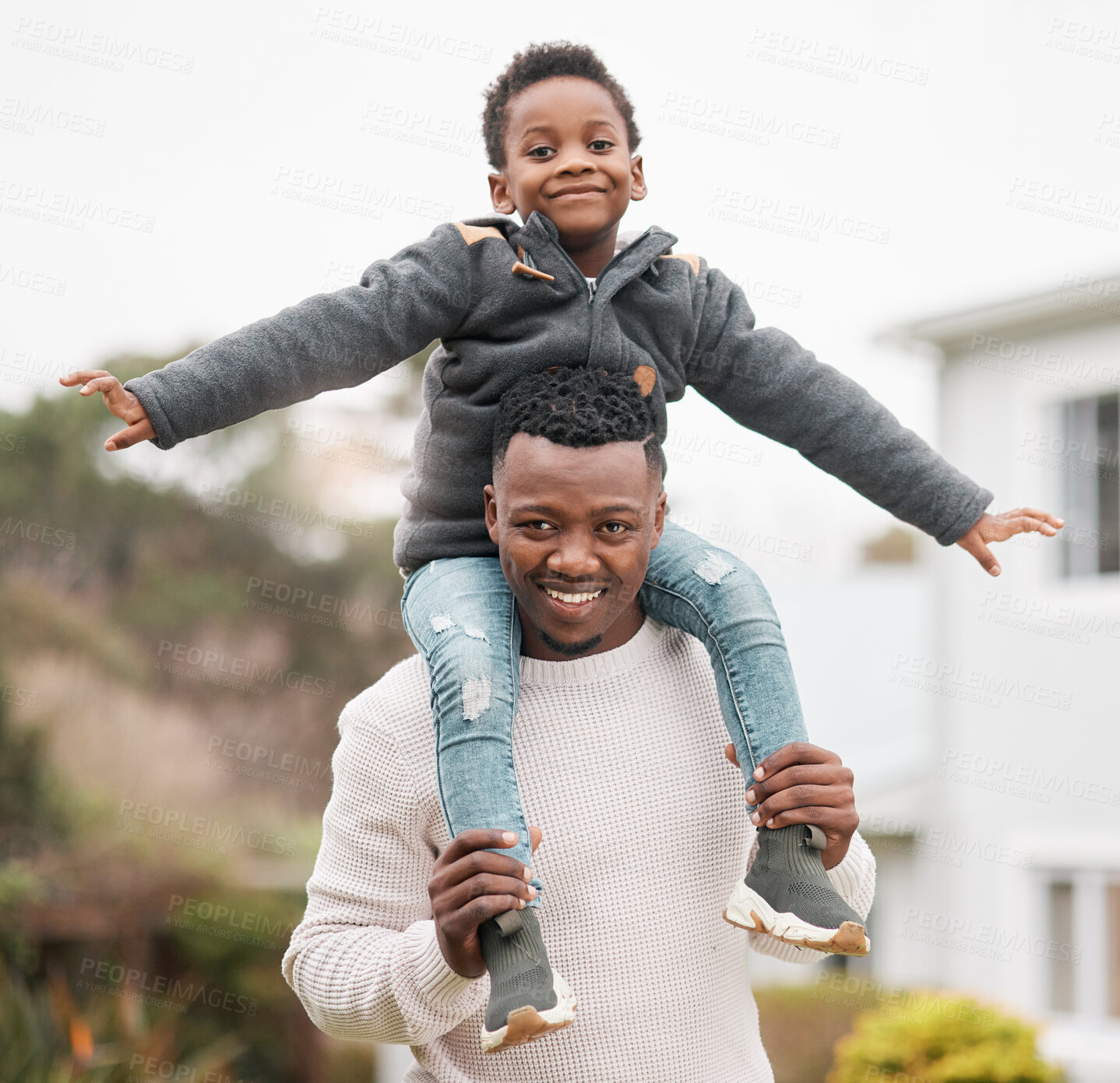 Buy stock photo Portrait of a father and his son having fun while bonding together outdoors