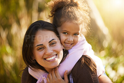 Buy stock photo Mother, kid and piggyback portrait in park, love and bonding to connect in childhood at garden. Mama, carrying daughter and adventure game for fantasy in outdoor, happiness and support in nature