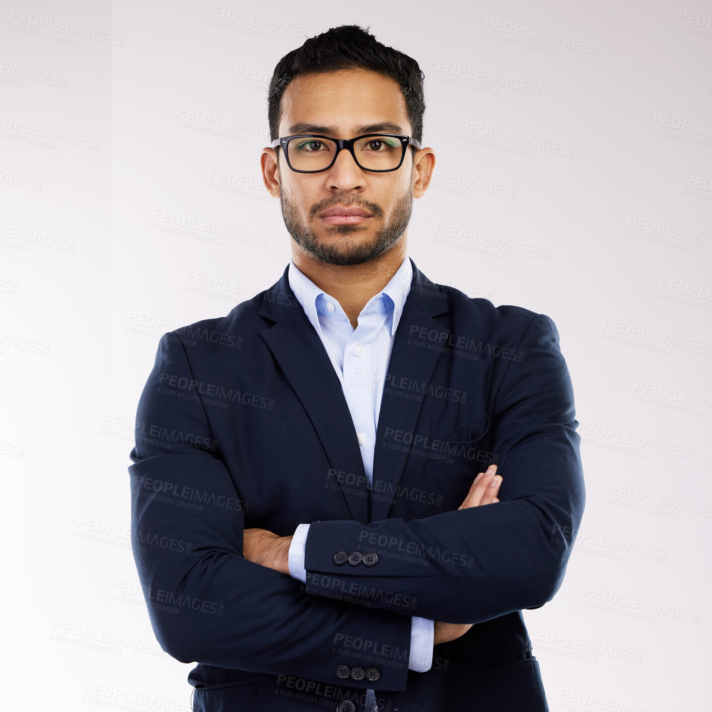 Buy stock photo Man, business and glasses with arms crossed in studio for career, accountancy or finance job in portrait. Male accountant, white background and confident for corporate with pose, assertive or formal