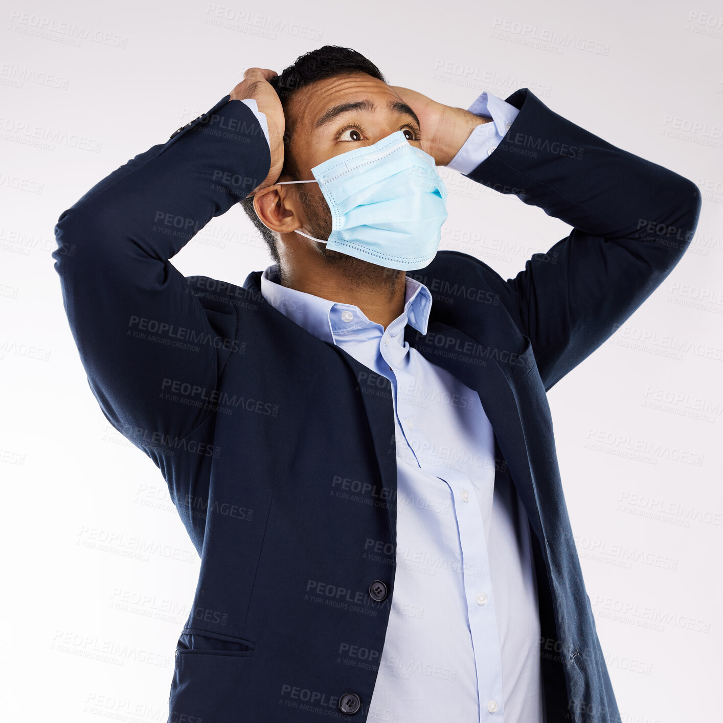 Buy stock photo Stress, mask and business man in studio for market crash, financial crisis or investment fail with white background. Broker, corporate and Asian person with hands on head for bankruptcy, debt or loss