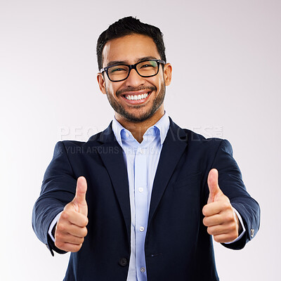 Buy stock photo Accept, glasses and portrait of business man happy in agreement with vision and isolated in a white studio background. Corporate, employee and portrait of entrepreneur with yes or thank you gesture