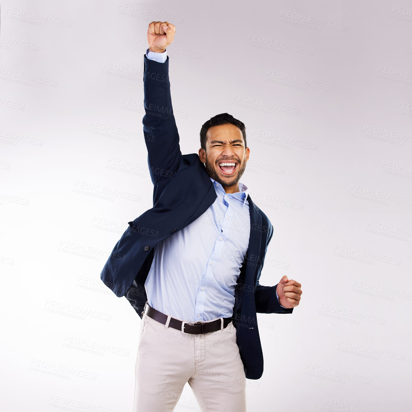 Buy stock photo Portrait, celebration and businessman with fist pump in studio for achievement, success or project goal on white background. Winner, excited and employee for profit, financial growth or opportunity