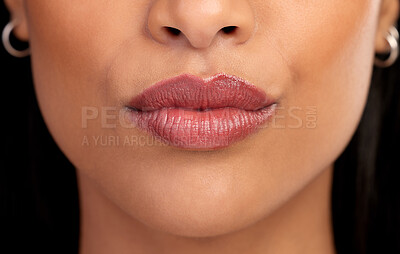 Buy stock photo Woman, mouth and lipgloss for beauty in studio, textures and skincare on black background. Female person, lips and shine for filler or dermatology, treatment and skin textures for grooming or glow