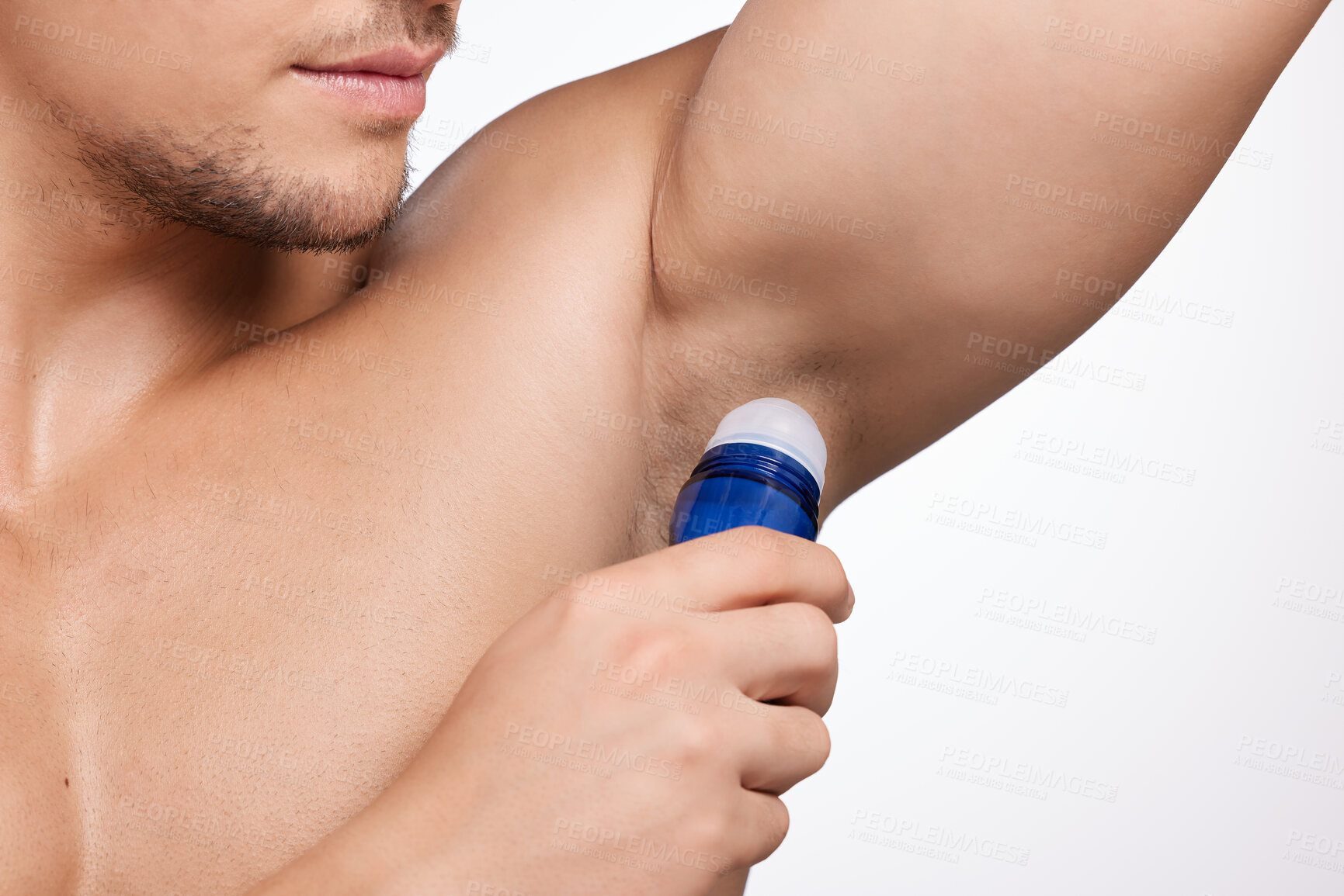 Buy stock photo Man, closeup and armpit in studio with deodorant for health, cleaning and wellness or body care. Male person, skincare and hygiene in bathroom for cosmetics and perfume or cologne by white background