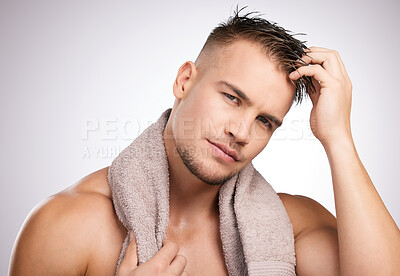 Buy stock photo Studio, towel and man in portrait for skincare, clean and body care for wellness with confidence. White background, male model and fabric for freshness, hygiene and healthy hair routine as treatment