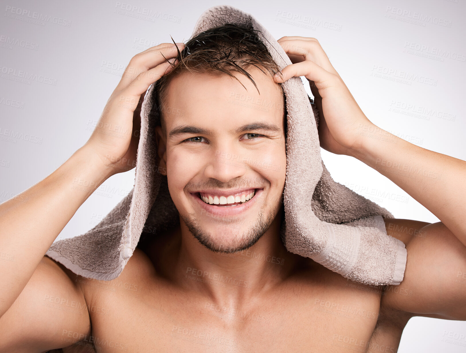 Buy stock photo Studio, towel and man in portrait for haircare, collagen and cosmetic after shower with confidence. White background, male model and fabric for freshness, hygiene and healthy routine as treatment