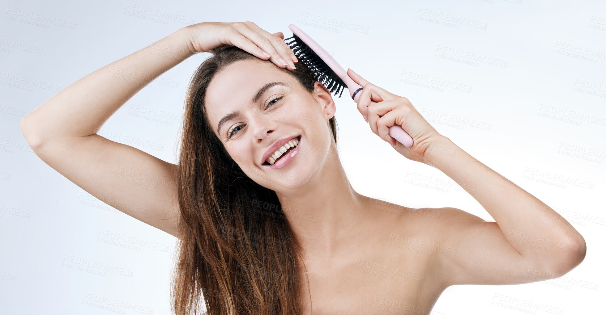 Buy stock photo Portrait, happy woman and brush for hair in studio for beauty mock up on white background. Female model, laugh and excitement for detangle, treatment and texture with styling tool for scalp health