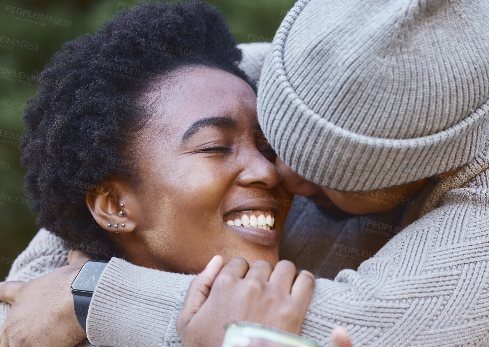 Buy stock photo Happy, hug and man with woman in nature for love, holiday and adventure or winter camping trip. Black couple, smile and embrace outdoor for support, comfort and together with care in countryside 