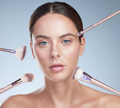 Buy stock photo Studio, portrait and woman face with brush for makeup, foundation and eyeshadow application with tools. Girl, results and transformation with beauty treatment, cosmetics and salon by gray background