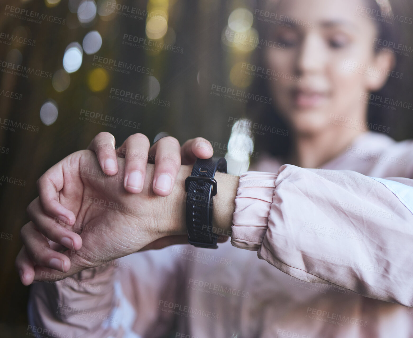 Buy stock photo Woman, hands and watch for fitness in outdoor, runner and heartbeat tracker during workout in woods. Female person, athlete and check digital timer for update, gps and monitor pulse or cardio stats