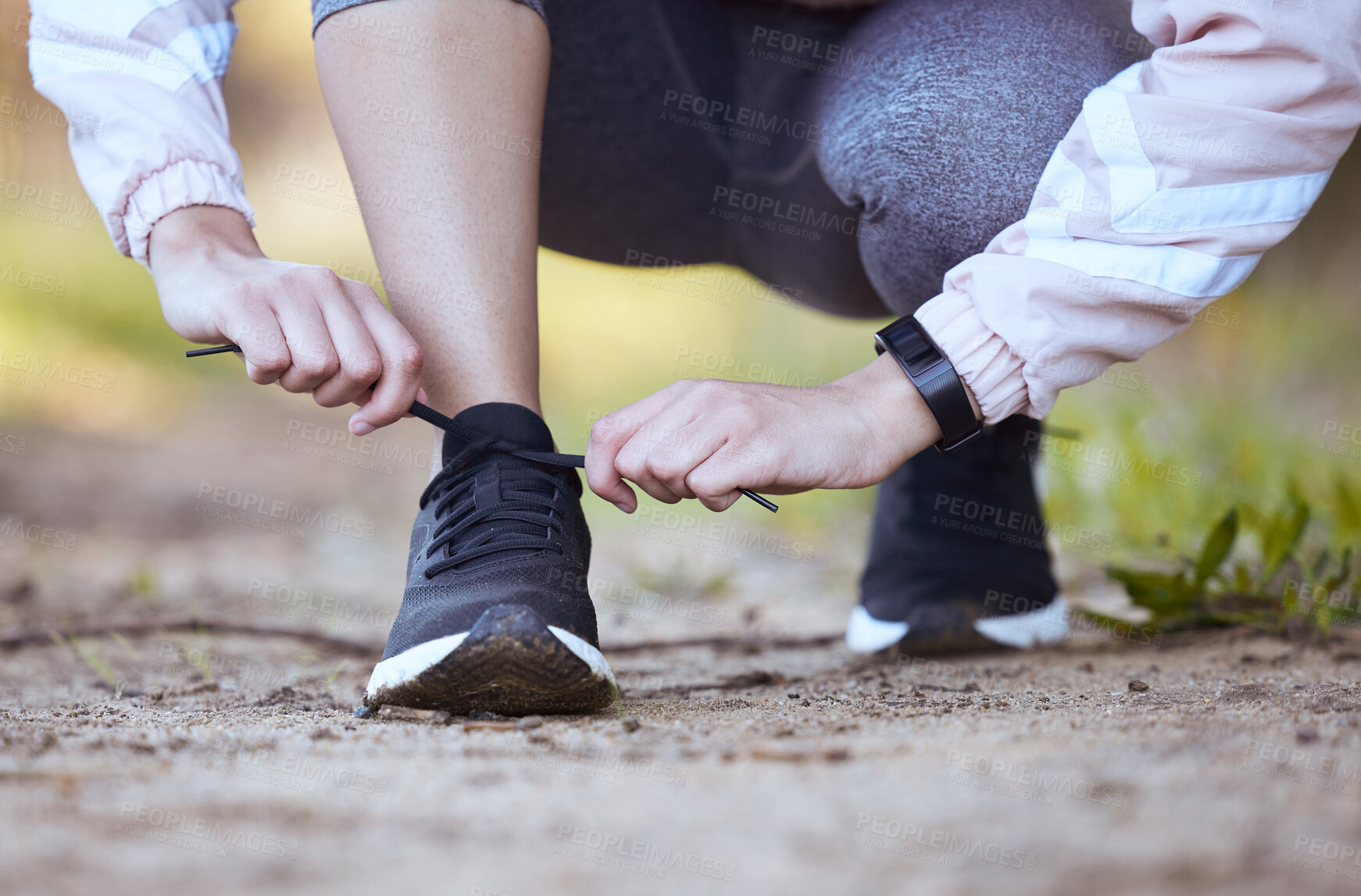 Buy stock photo Woman, tie laces and fitness in outdoor, getting ready and prepare for exercise or workout on ground. Female person, feet and fasten sneakers for training in nature, running shoes and athlete for jog