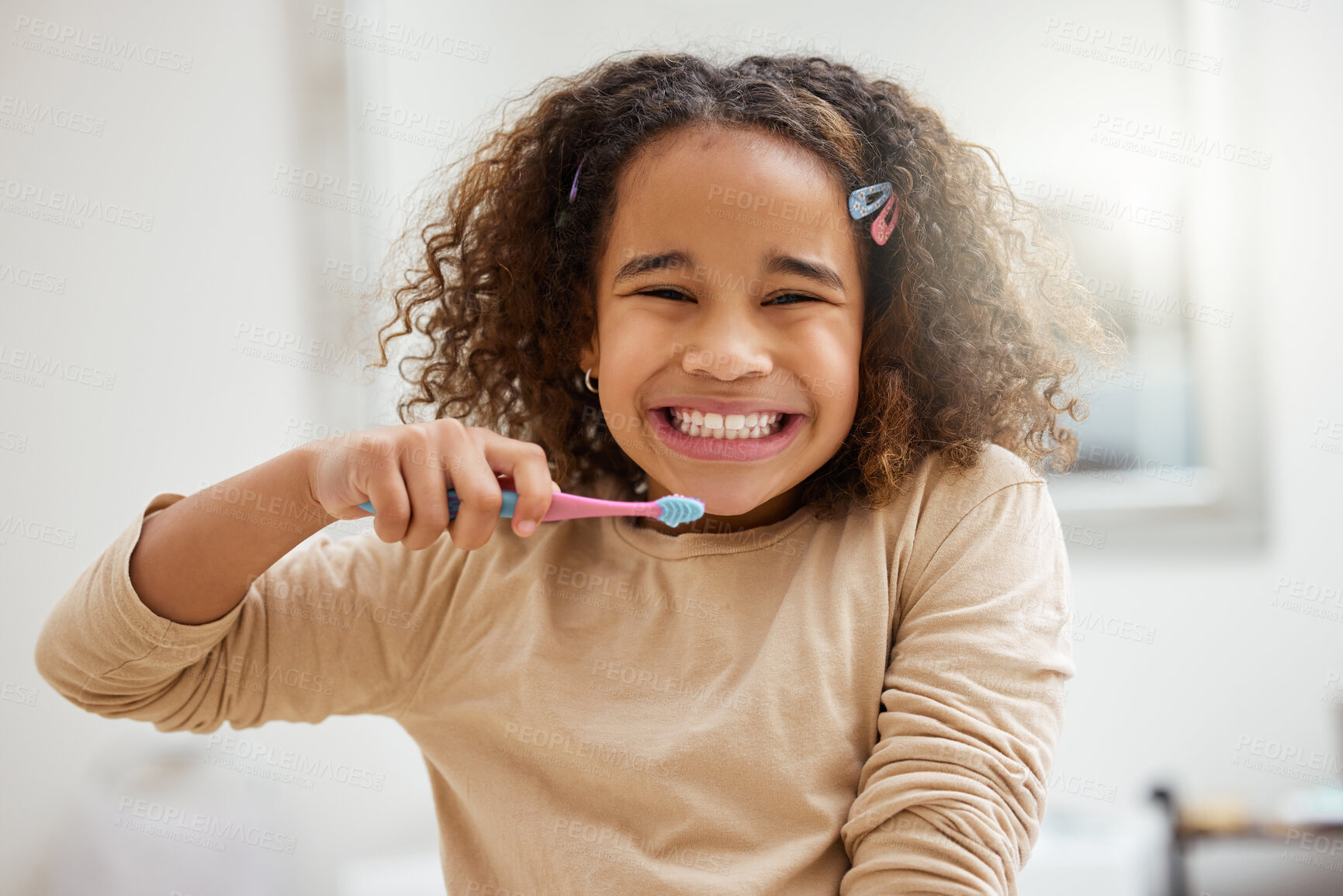 Buy stock photo Portrait smile, child and brushing teeth in bathroom for hygiene with gum health, morning and fresh breath. African girl, happy and toothbrush for cleaning with learning routine, dental or mouth care