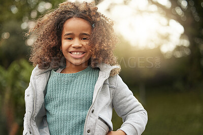 Buy stock photo Black girl, child and outdoor in portrait with smile for vacation, backyard or winter in New York City. Female person, happiness and travel in Central Park with freedom for youth, holiday for relax