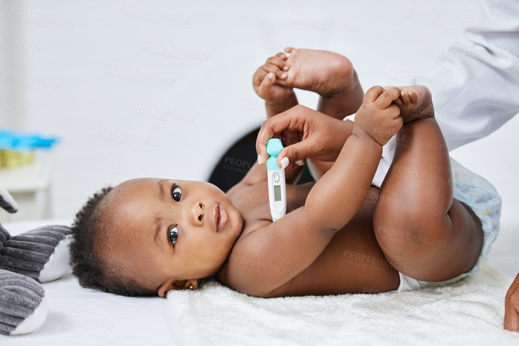 Buy stock photo Portrait, baby and hand of doctor with thermometer in hospital for checkup, help or check fever on bed. Medical, pediatrician and black child for healthcare, wellness or monitor illness in clinic